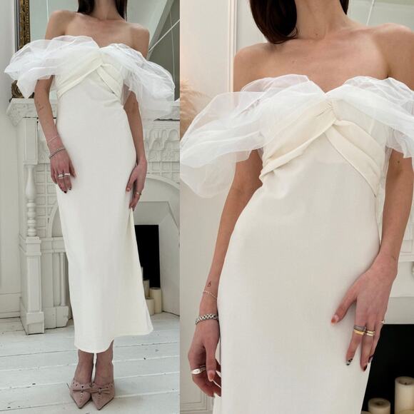 Line & Dot | Starlet Midi Sheath Dress Organza Off Shoulder Sleeves in Ivory S - Picture 1 of 16